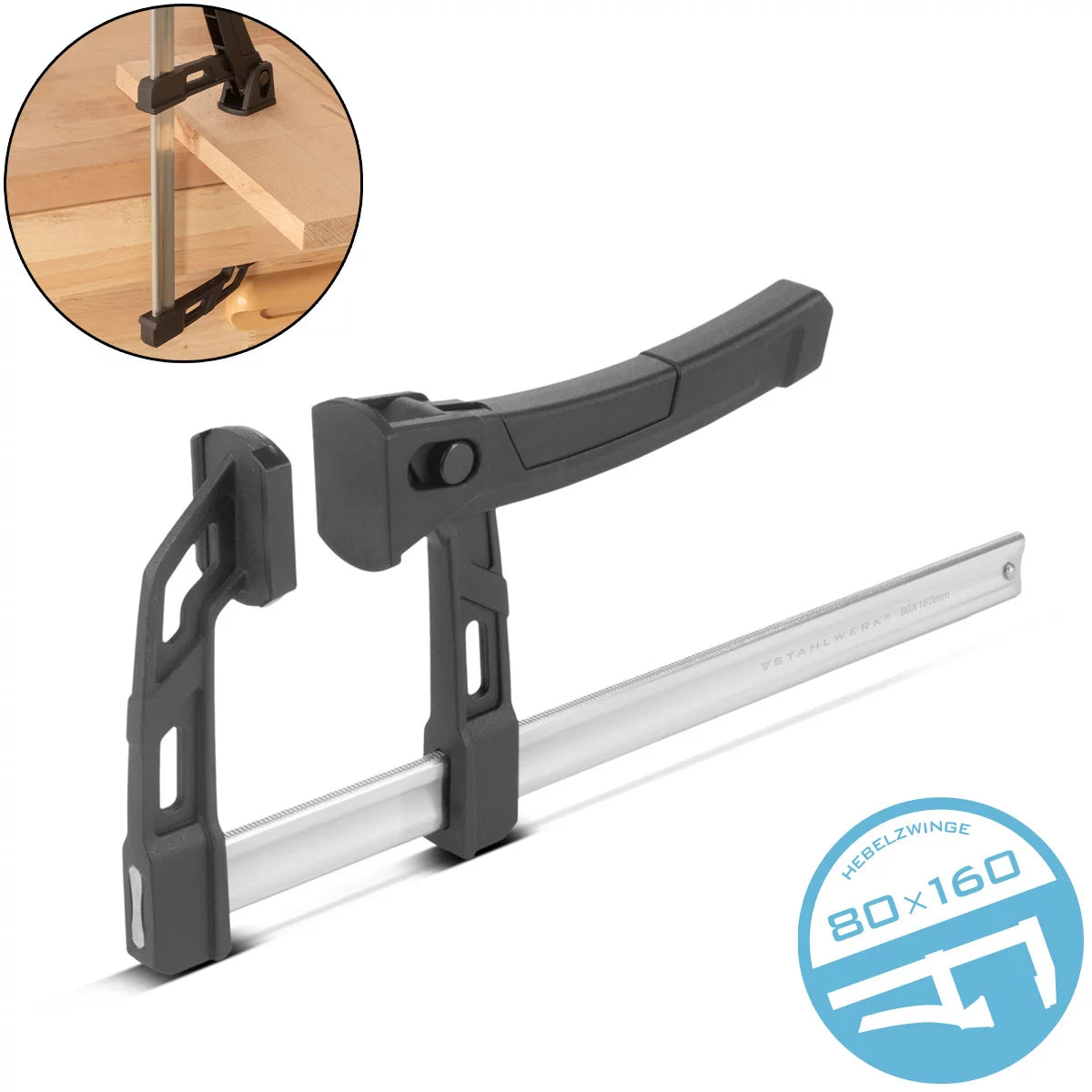 Pince à levier STAHLWERK 80x160 mm | pince puissante avec une force de pression de 100 kg | Sauterelle pour une fixation précise des pièces | pince stable avec une largeur de serrage de 160 mm, profondeur de serrage de 80 mm
