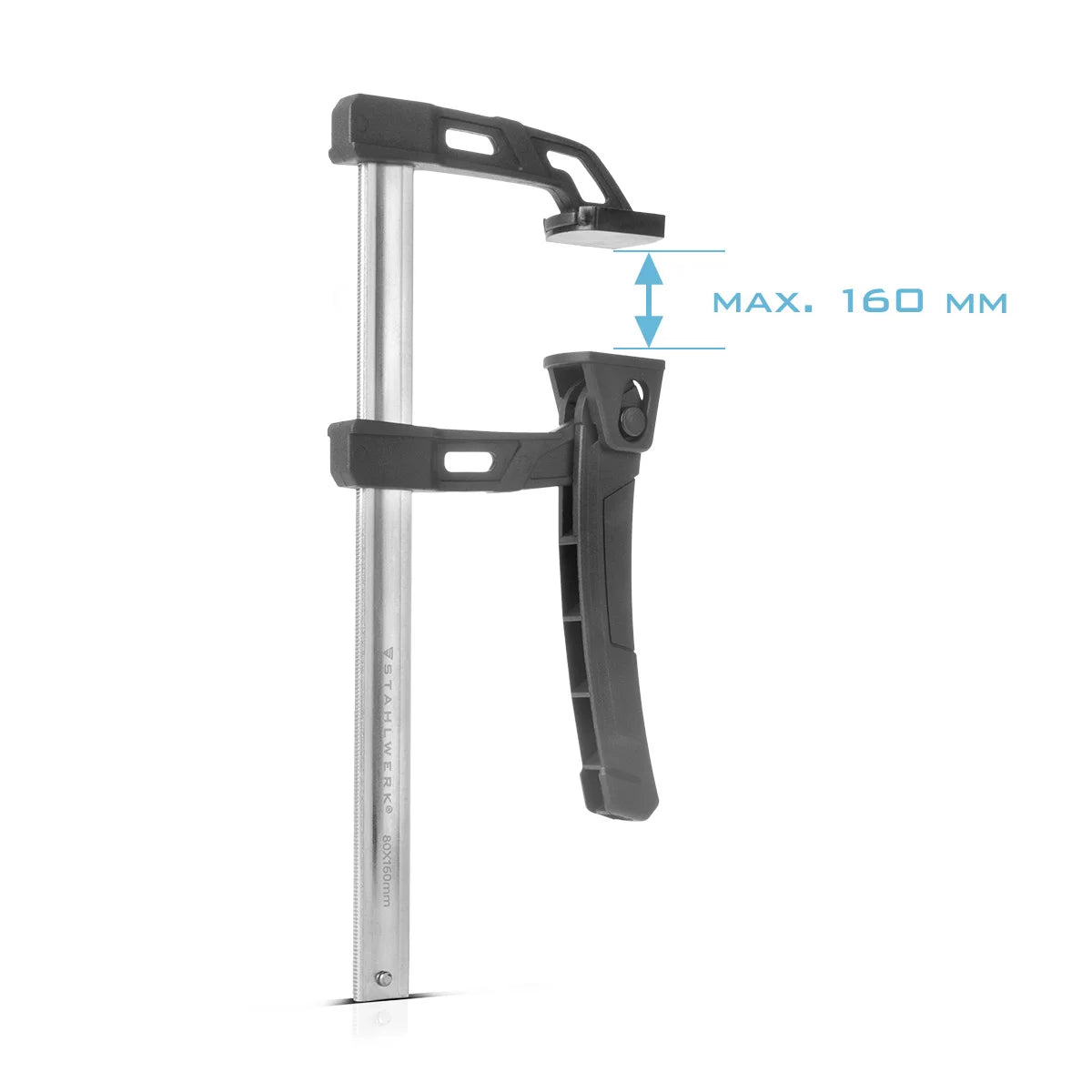 Pince à levier STAHLWERK 80x160 mm | pince puissante avec une force de pression de 100 kg | Sauterelle pour une fixation précise des pièces | pince stable avec une largeur de serrage de 160 mm, profondeur de serrage de 80 mm