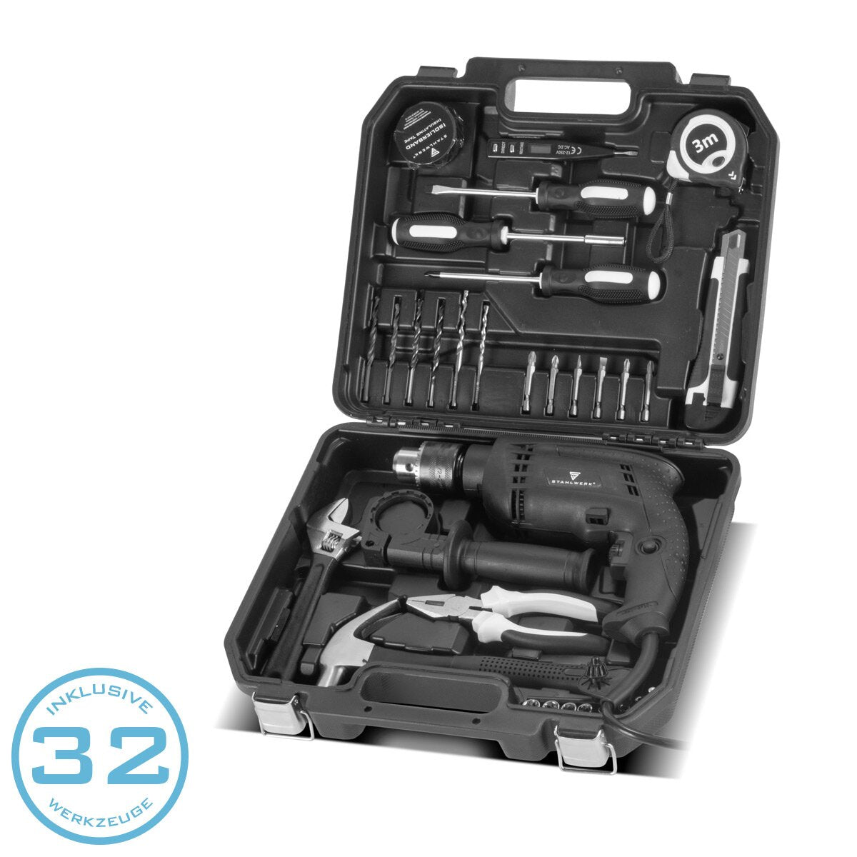 STAHLWERK DIY set DTS-33 ST tool case | Toolbox | Tool box with 32-piece tool set consisting of impact drill, screwdrivers, hammer, pliers, tape measure, voltage tester, bits and accessories