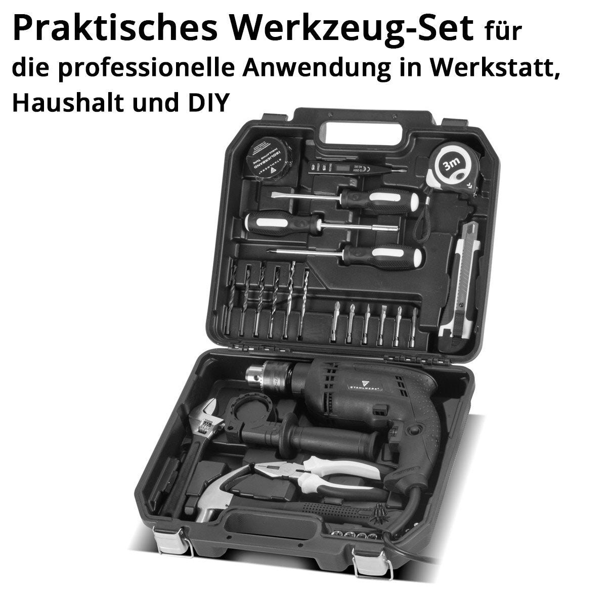 STAHLWERK DIY set DTS-33 ST tool case | Toolbox | Tool box with 32-piece tool set consisting of impact drill, screwdrivers, hammer, pliers, tape measure, voltage tester, bits and accessories