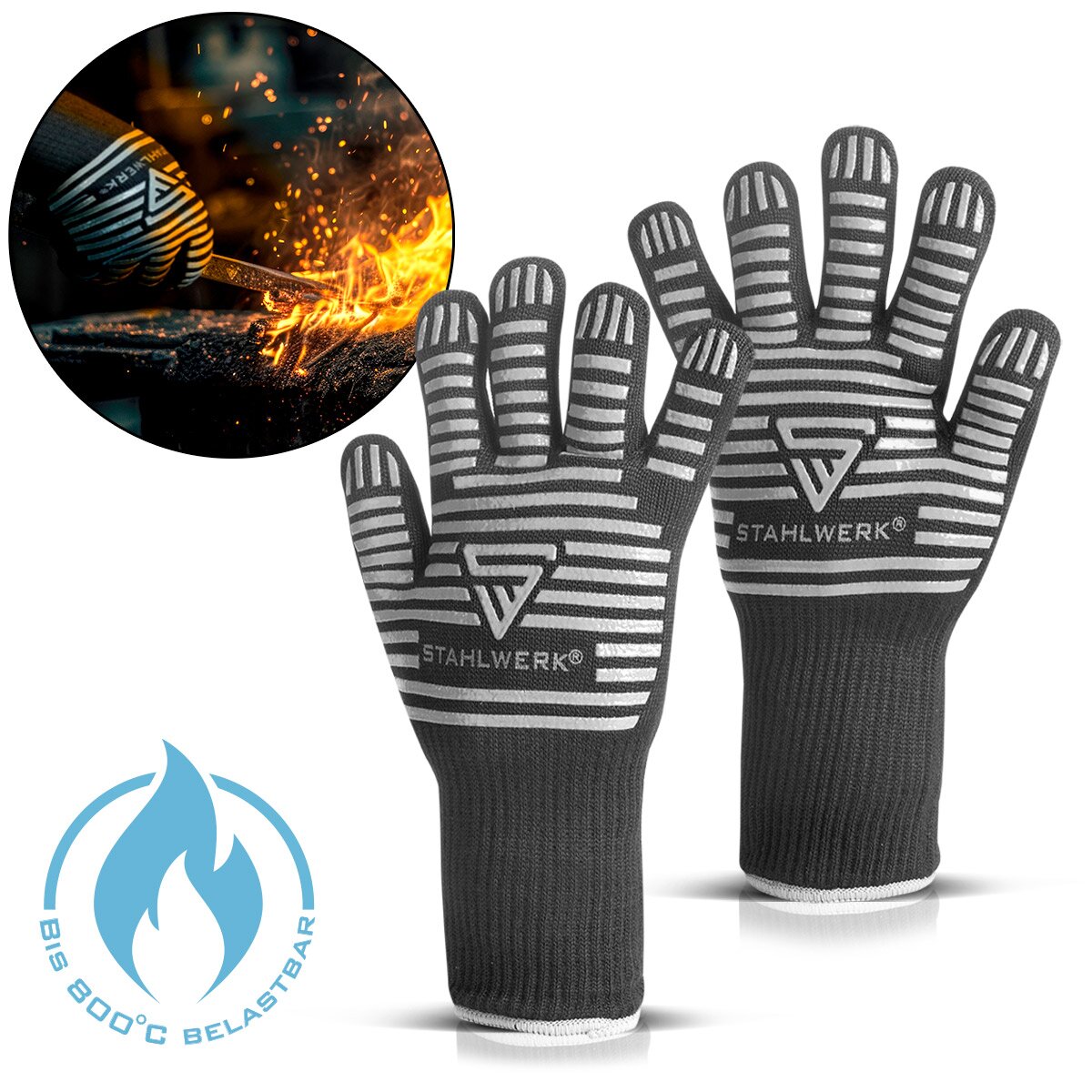 STAHLWERK Heat-resistant gloves up to 800°C EN 407:2004 Fireproof heat protection gloves | Thermal gloves | Work gloves made from robust ARAMID fabric
