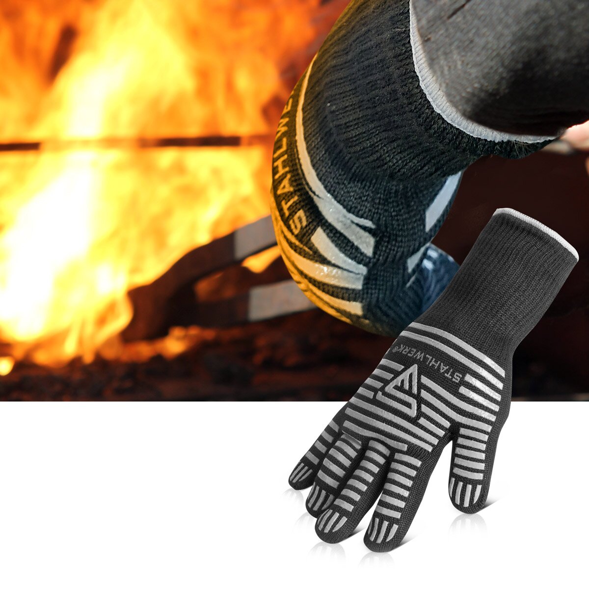 STAHLWERK Heat-resistant gloves up to 800°C EN 407:2004 Fireproof heat protection gloves | Thermal gloves | Work gloves made from robust ARAMID fabric