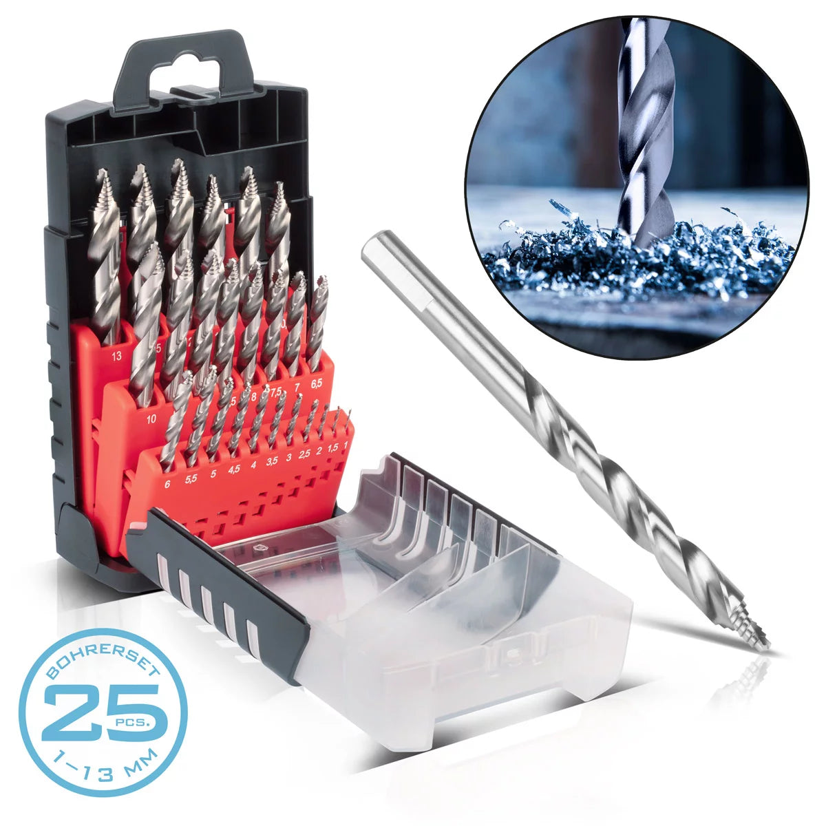 STAHLWERK HSS twist drill with step tip | Set of 25 1-13 mm | DIN 338 Type N | HSS drill set | Profile ground drill set | Tip angle 118 degrees | High-performance drill for precise drilling