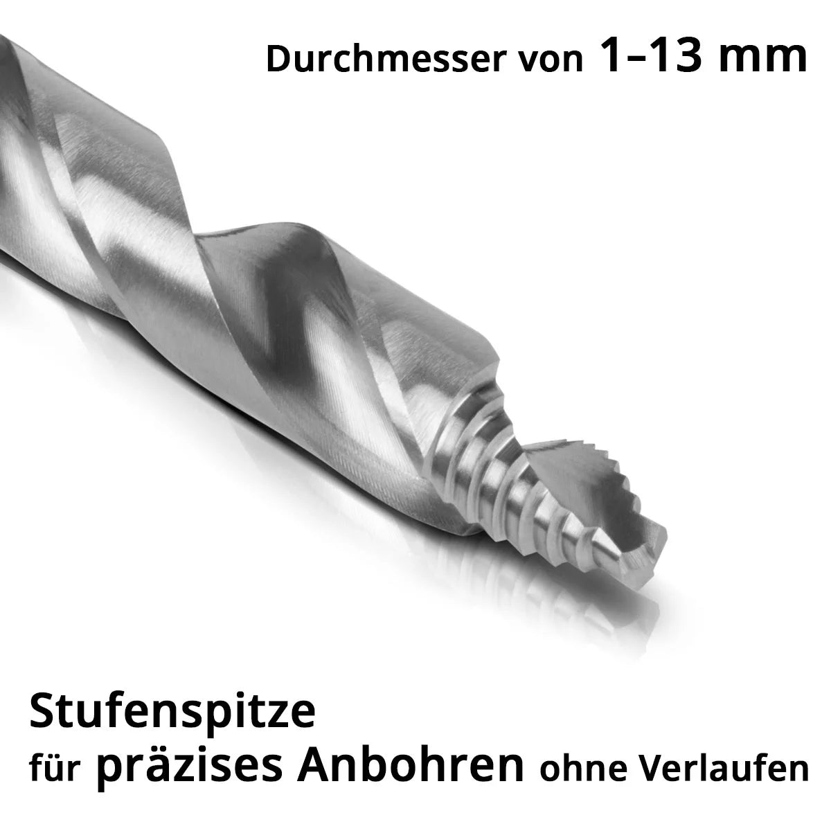 STAHLWERK HSS twist drill with step tip | Set of 25 1-13 mm | DIN 338 Type N | HSS drill set | Profile ground drill set | Tip angle 118 degrees | High-performance drill for precise drilling