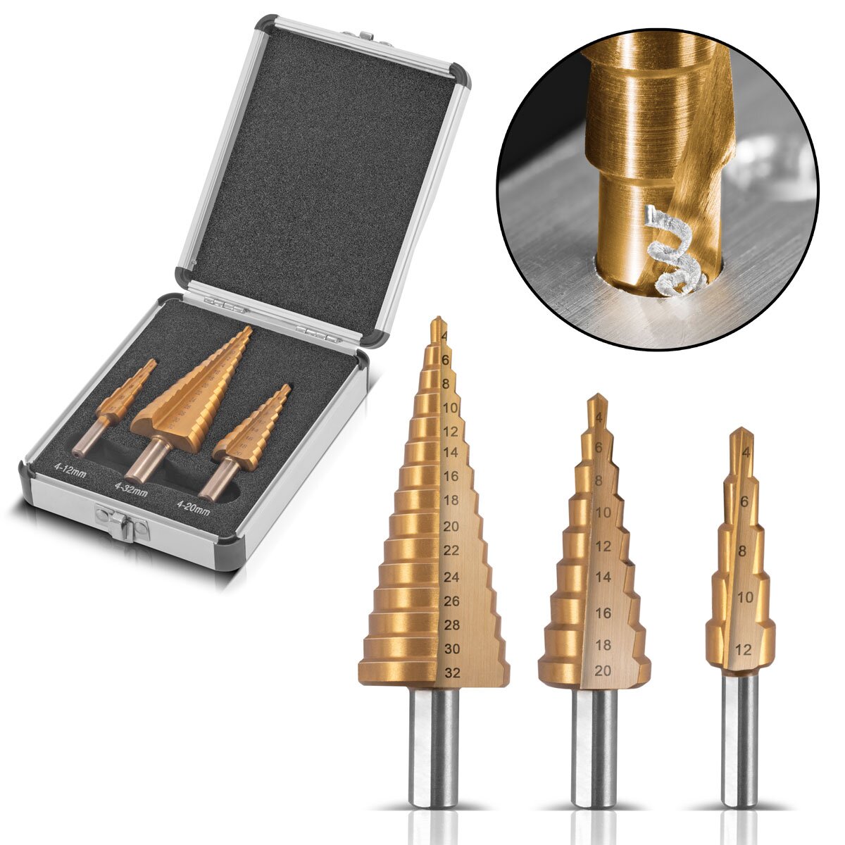 STAHLWERK HSS Stufenbohrer 3er Set TiN-Beschichtung 4-12 | 4-20 | 4-32 mm titanbeschichtete Metallbohrer | Kegelbohrer | Senkbohrer | Schälbohrer | Konus-Bohrer | Bohrer-Satz mit Aluminium-Box
