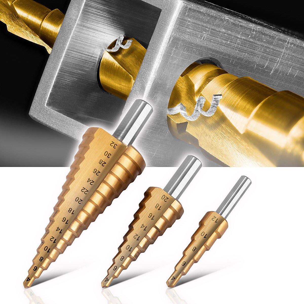 STAHLWERK HSS Stufenbohrer 3er Set TiN-Beschichtung 4-12 | 4-20 | 4-32 mm titanbeschichtete Metallbohrer | Kegelbohrer | Senkbohrer | Schälbohrer | Konus-Bohrer | Bohrer-Satz mit Aluminium-Box