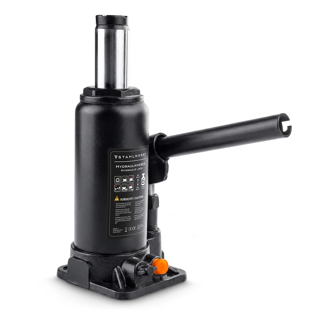 Martinetto idraulico STAHLWERK GW0604 con capacità di carico di 6 t | Campo di corsa 200 - 405 mm | Jack per timbri compatto | Cric idraulico per auto | Stabile cric a bottiglia per macchine, veicoli commerciali e automobili