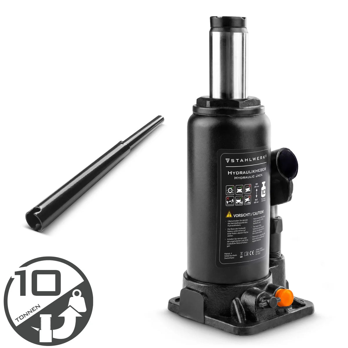 Martinetto idraulico STAHLWERK GW1004 con capacità di carico di 10 t | Campo di corsa 200 - 405 mm | Jack per timbri compatto | Cric idraulico per auto | Stabile cric a bottiglia per macchine, veicoli commerciali e automobili