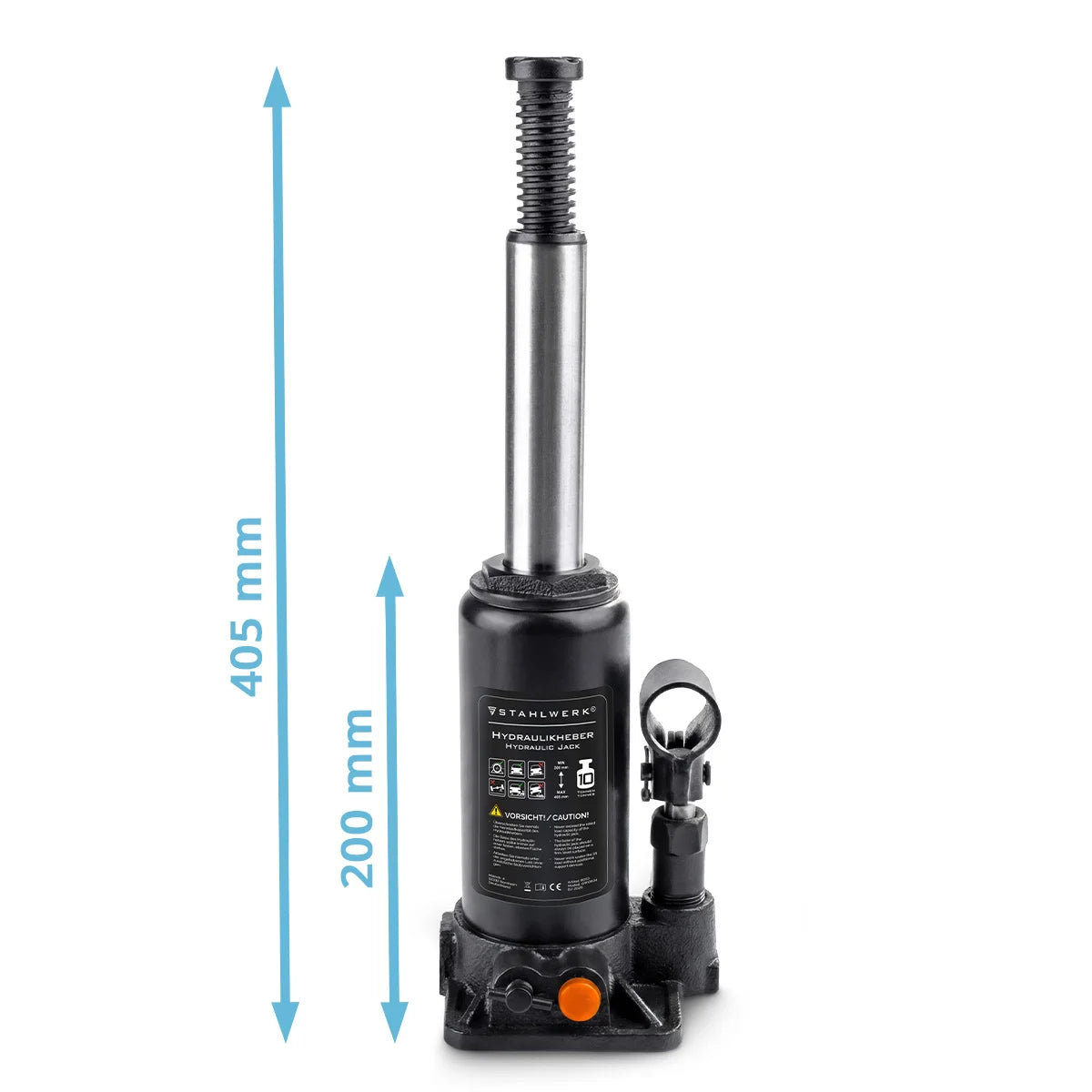 Cric hydraulique STAHLWERK GW1004 avec capacité de charge de 10 t | Plage de course 200 - 405 mm | Prise de tampon compacte | Cric hydraulique | Cric-bouteille stable pour machines, véhicules utilitaires et voitures