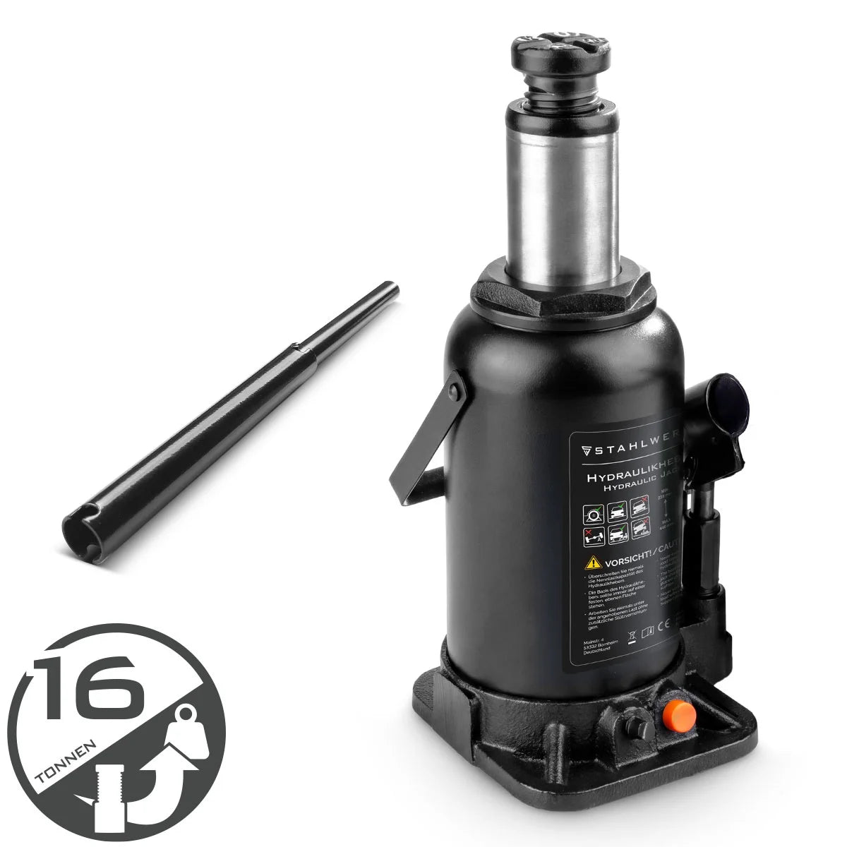 Martinetto idraulico STAHLWERK GW1604 con capacità di carico di 16 t | Campo di corsa 225 - 445 mm | Jack per timbri compatto | Cric idraulico per auto | Stabile cric a bottiglia per macchine, veicoli commerciali e automobili