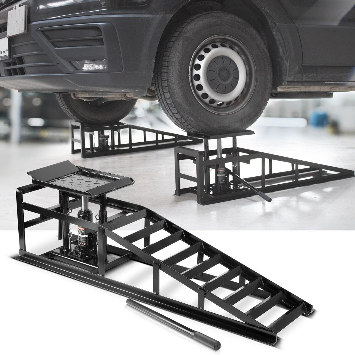 STAHLWERK Hydraulische Auffahrrampe GTH-14 ST 2er Set mit 5 Tonnen Tragkraft Auffahrbock mit Wagenheber | höhenverstellbare Auto-Rampe | Pkw-Rampe | Kfz-Bock