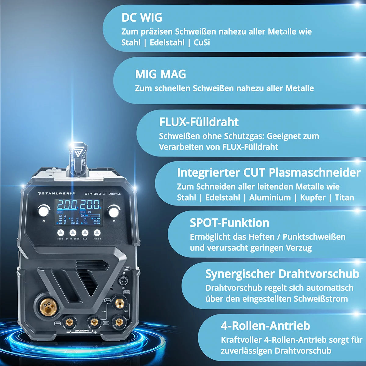 STAHLWERK combination welding machine CTM-250 ST Digital 5-in-1 inert gas welding machine | Inverter with 200 A, synergic wire feed and integrated 50 A plasma cutter CUT | TIG | MIG MAG | MMA | FLUX