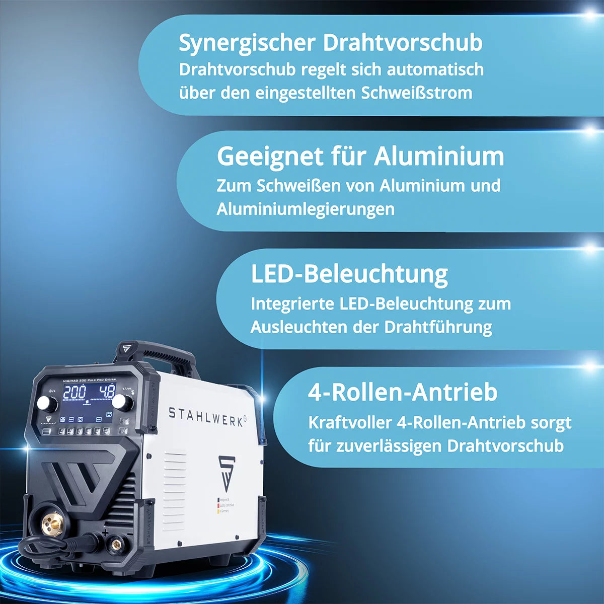 STAHLWERK MIG MAG 200 Spot Puls Pro Digital fully equipped inert gas welding machine | IGBT inverter 200 A | Synergic wire feeder | 4 roller drive | FLUX, Lift-TIG, MMA, CuSi | MIG pulse for aluminum