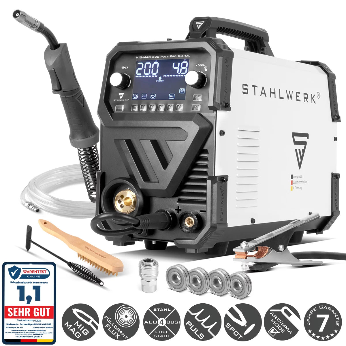 Saldatrice digitale a gas inerte STAHLWERK MIG MAG 200 Spot Puls Pro | Convertitore IGBT 200 A| Trainafilo sinergico | Azionamento a 4 rulli | Funzione di saldatura FLUX, Lift-TIG, MMA/ARC, CuSi | MIG pulsato per alluminio