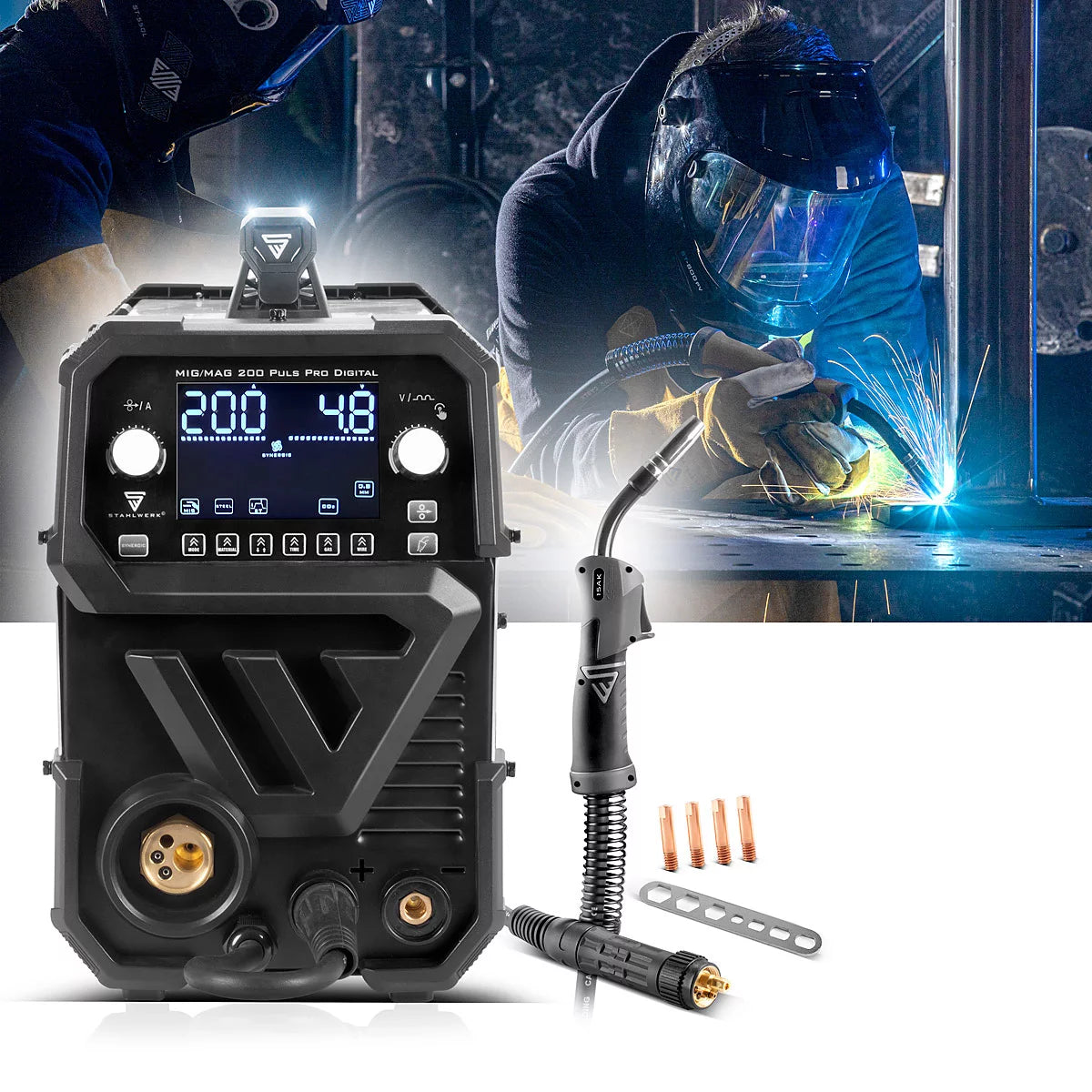 STAHLWERK MIG MAG 200 Spot Puls Pro Digital Inert Gas Welding Machine | IGBT inverter 200 A | Synergic wire feeder | 4 roller drive | FLUX, Lift-TIG, MMA/ARC, CuSi soldering function | MIG pulse for aluminum
