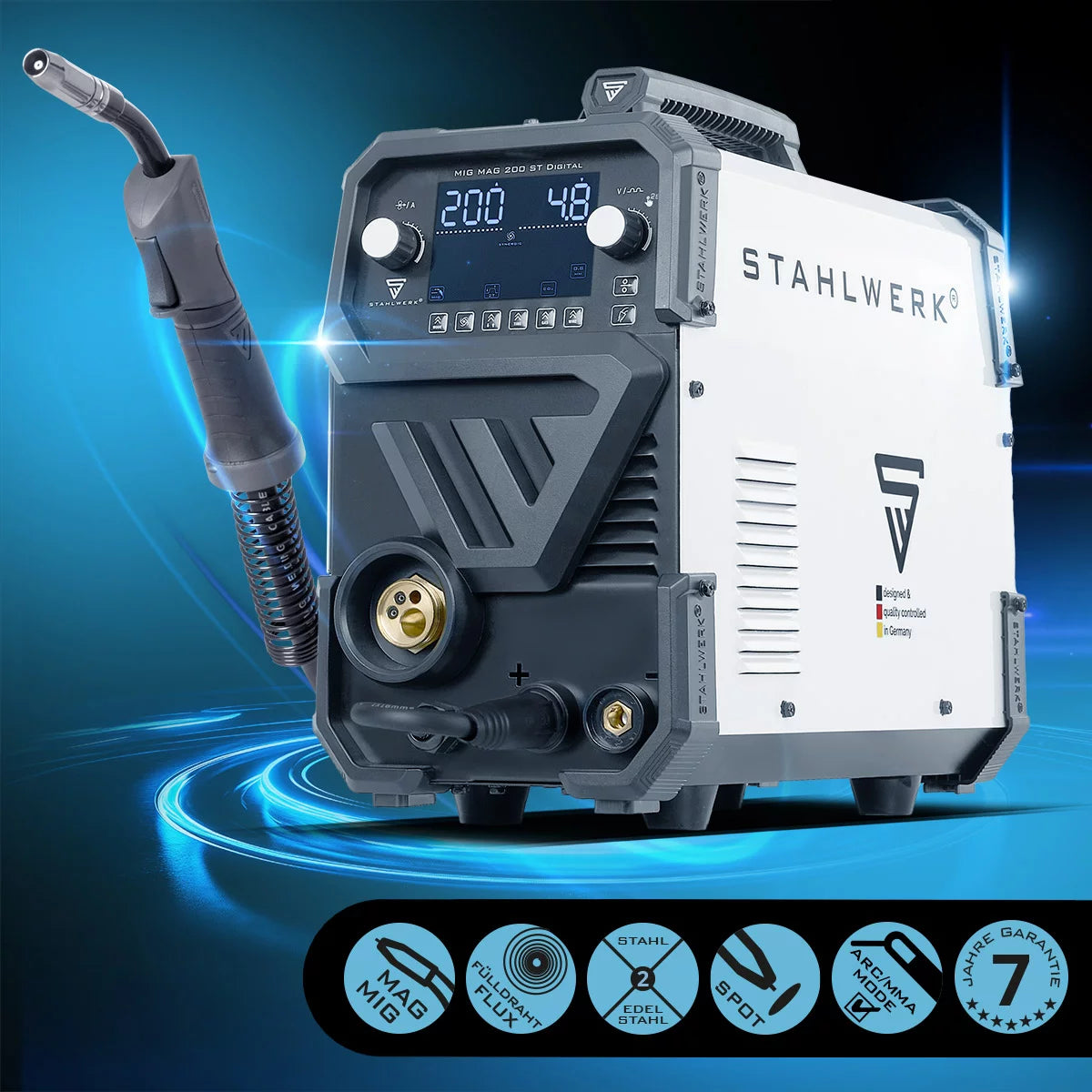 STAHLWERK welding machine MIG MAG 200 ST Digital fully equipped IGBT inert gas welding machine | Inverter with 200 A, spot function, synergic wire feed, FLUX and MMA | ARC function