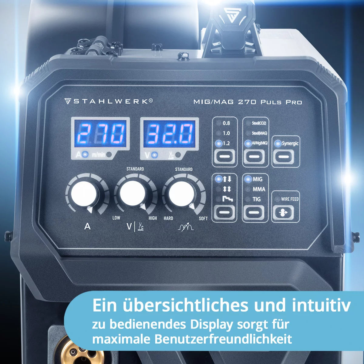 STAHLWERK welding machine MIG 270 Puls Pro | 4-in-1 inert gas welding machine with pulse function | Inverter with 270 A, spot function, synergic wire feed, 4-roller drive, FLUX, Lift TIG and MMA | ARC function | Pulse aluminum welding function