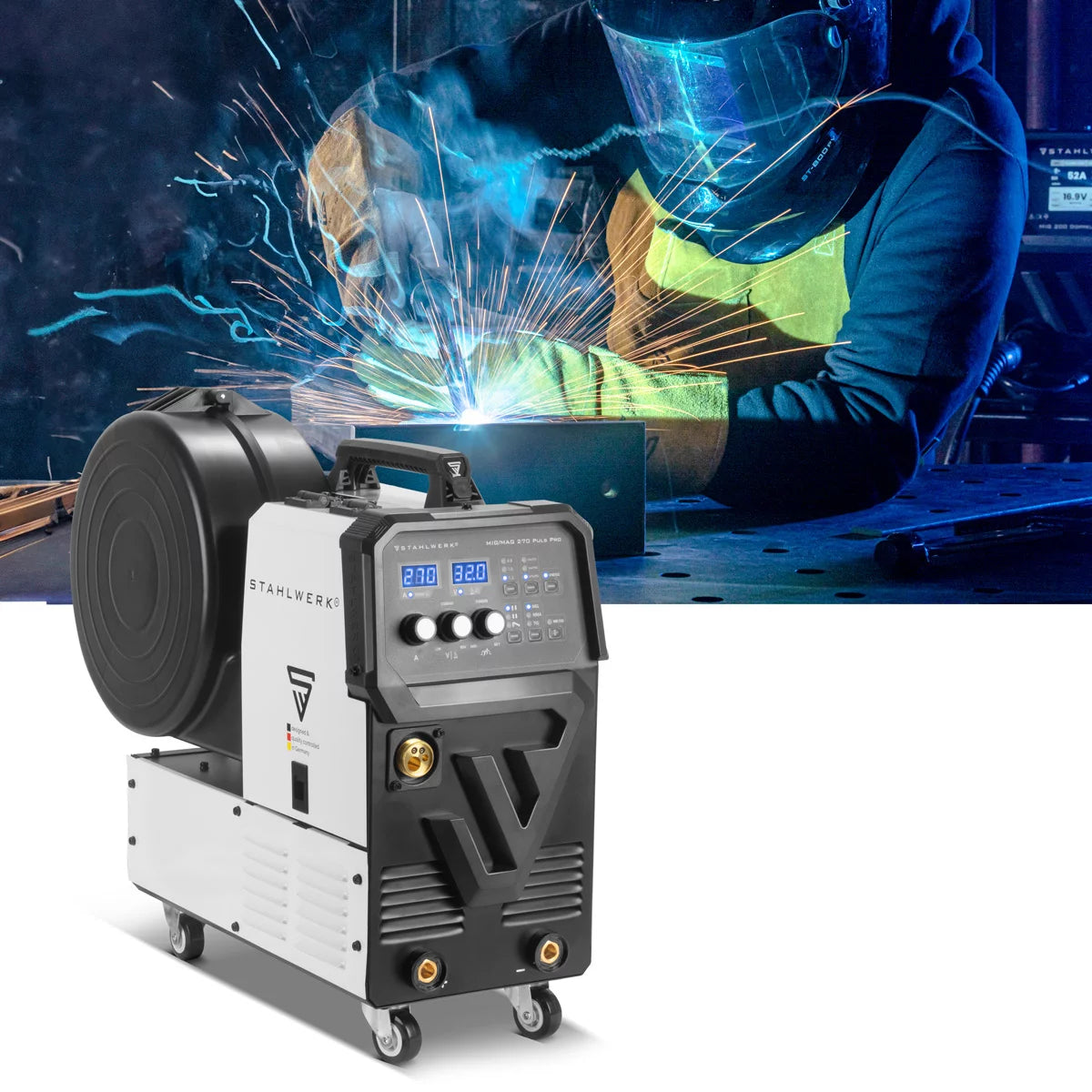 STAHLWERK welding machine MIG 270 Puls Pro | 4-in-1 inert gas welding machine with pulse function, AK25/MB25 aluminum welding torch and wear parts set for aluminum welding | Inverter with 270 A, spot function, synergic wire feed, 4-roller drive