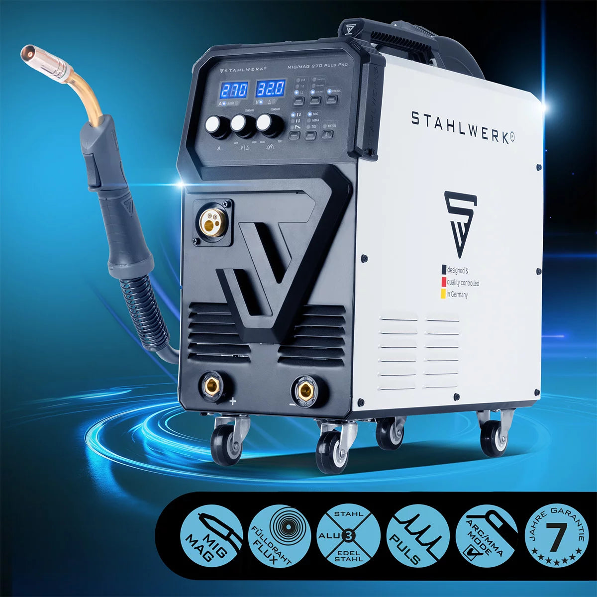 STAHLWERK welding machine MIG 270 Puls Pro | 4-in-1 inert gas welding machine with pulse function | Inverter with 270 A, spot function, synergic wire feed, 4-roller drive, FLUX, Lift TIG and MMA | ARC function | Pulse aluminum welding function
