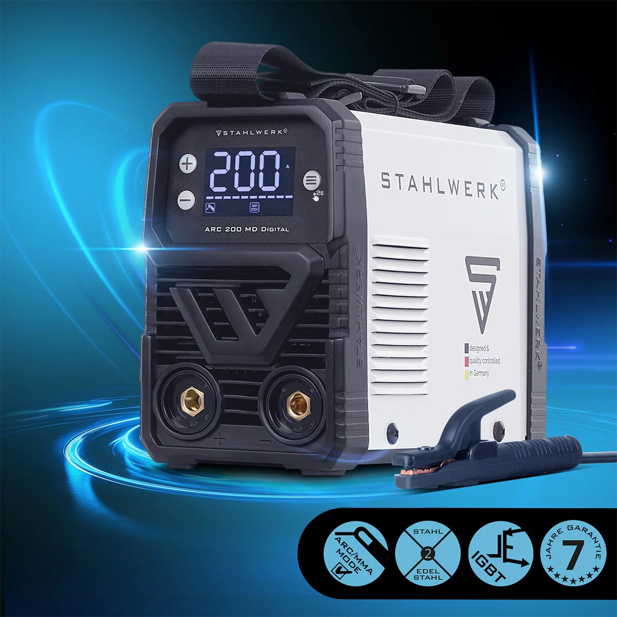 STAHLWERK ARC 200 MD Digital - 2026 - Poste de soudage à électrodes DC MMA / E-hand, Lift-TIG | Vrai 200 ampères | Affichage numérique avec menu | Hotstart, Anti-Stick, ARC Force, VRD | Refroidissement intelligent | Technologie IGBT