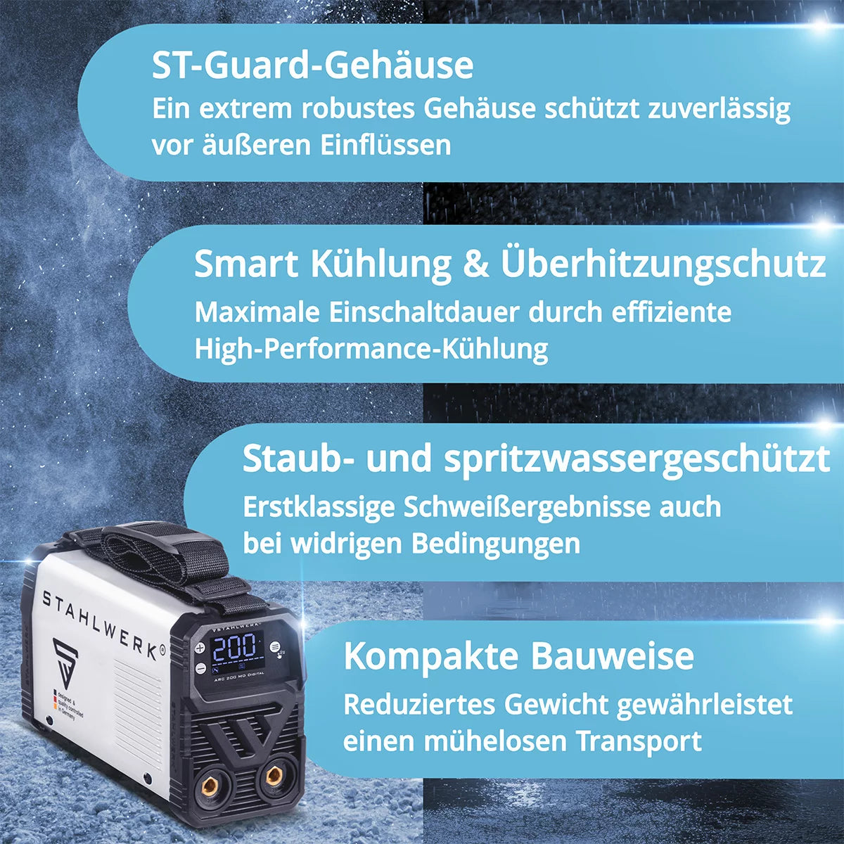 STAHLWERK ARC 200 MD Digital - 2026 - Poste de soudage à électrodes DC MMA / E-hand, Lift-TIG | Vrai 200 ampères | Affichage numérique avec menu | Hotstart, Anti-Stick, ARC Force, VRD | Refroidissement intelligent | Technologie IGBT