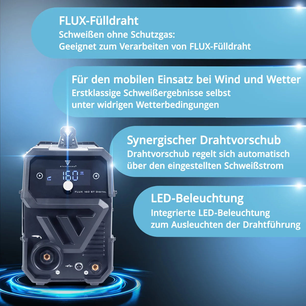 STAHLWERK FLUX 160 ST Numérique | Kit de démarrage Lift TIG | Onduleur à fil fourré 3 en 1 160 A | Torche Tig à levage universel WP-17V | Machine à souder combinée pour FLUX, MMA, Lift-TIG | Soudage sans gaz de protection