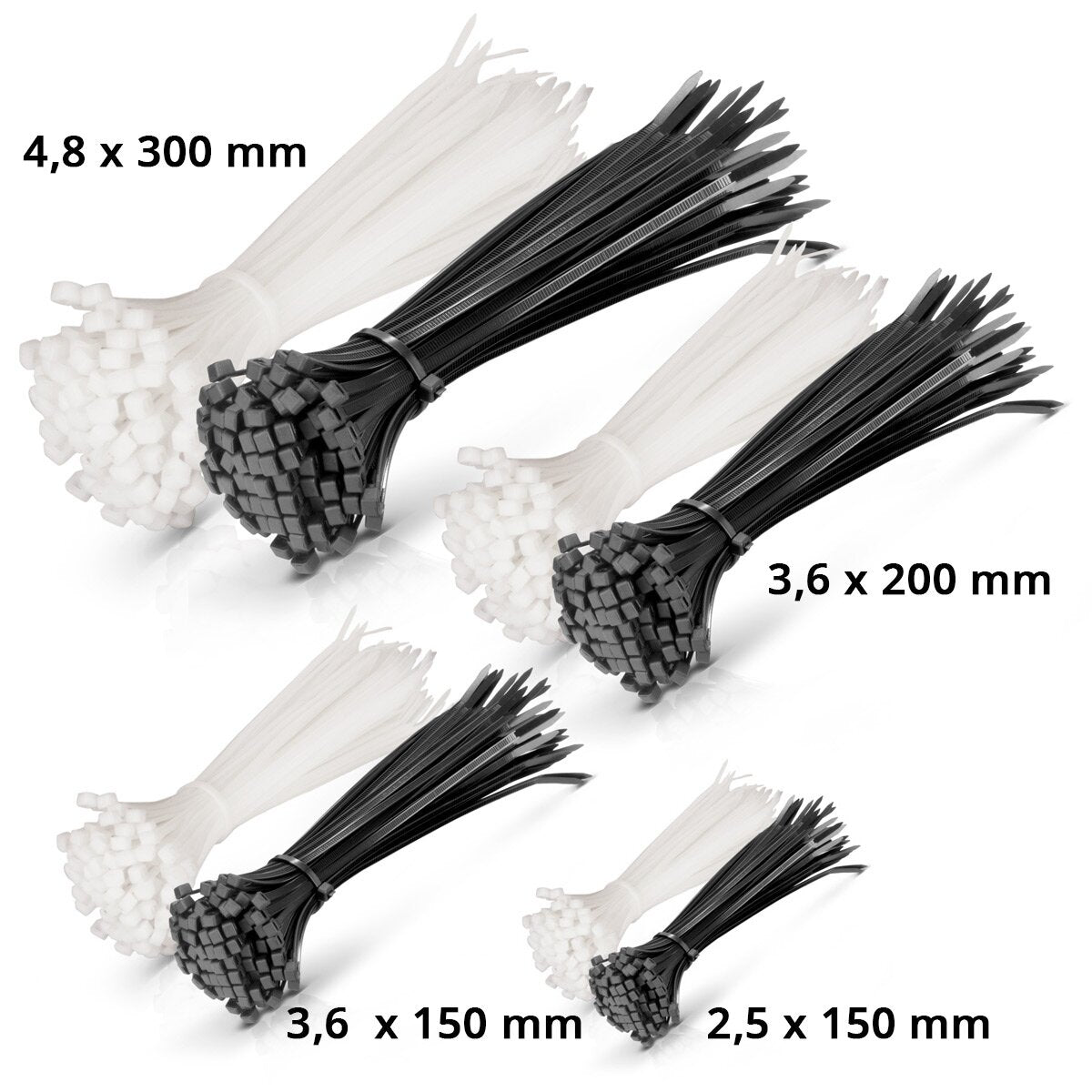 STAHLWERK cable ties set of 600 2.5 x 150 mm | 3.6x150mm | 3.6x200mm | 4.8 x 300 mm in black and white, industrial quality cable straps, UV-resistant, extremely tensile, stable and durable