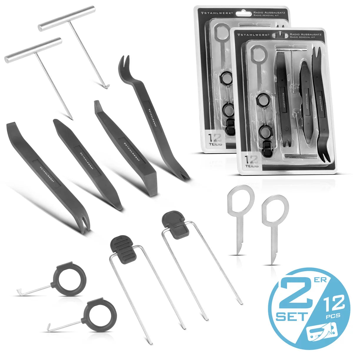 STAHLWERK 2 x car radio expansion set 12 pieces | Disassembly tool set for removing car radios, navigation devices and interior trim | Removal tool | Car radio expansion kit | Unlocking tool