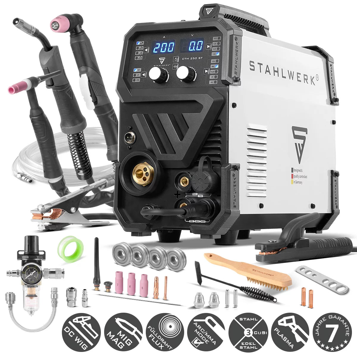 Saldatrice combinata STAHLWERK CTM-250 ST TIG + MIG/MAG + MMA/ARC + CUT/Plasma con funzione plasma da 200 A e 45 A