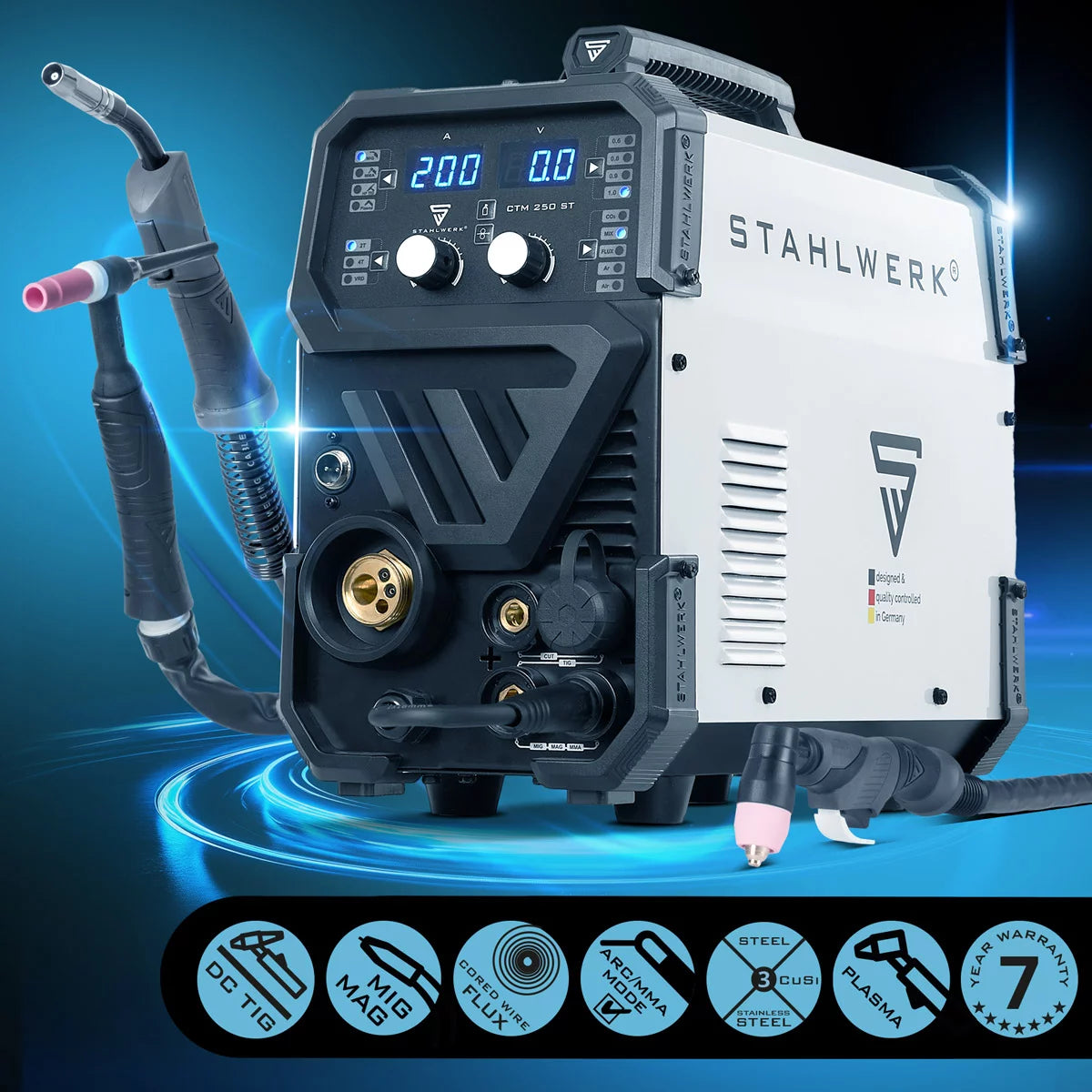 Saldatrice combinata STAHLWERK CTM-250 ST TIG + MIG/MAG + MMA/ARC + CUT/Plasma con funzione plasma da 200 A e 45 A