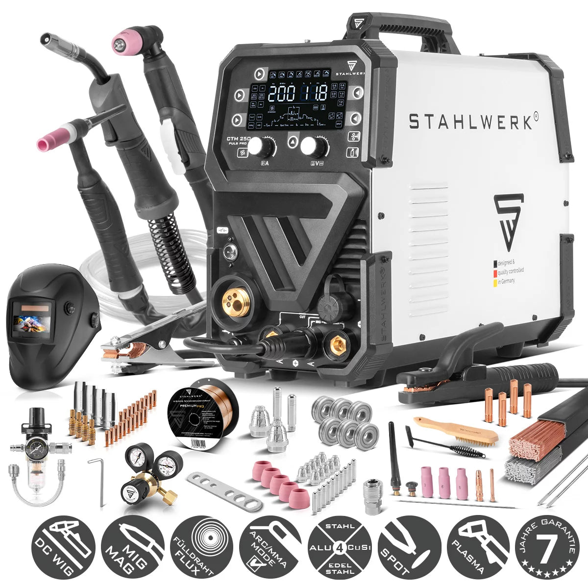 Soldadora combinada STAHLWERK CTM-250 Puls Pro Soldadora 6 en 1 con 200 A | Totalmente equipado | cortadora de plasma 45A | Función de pulso | Alimentador de alambre sinérgico | TIG | MIGMAG | PULSO | MMA | FLUJO