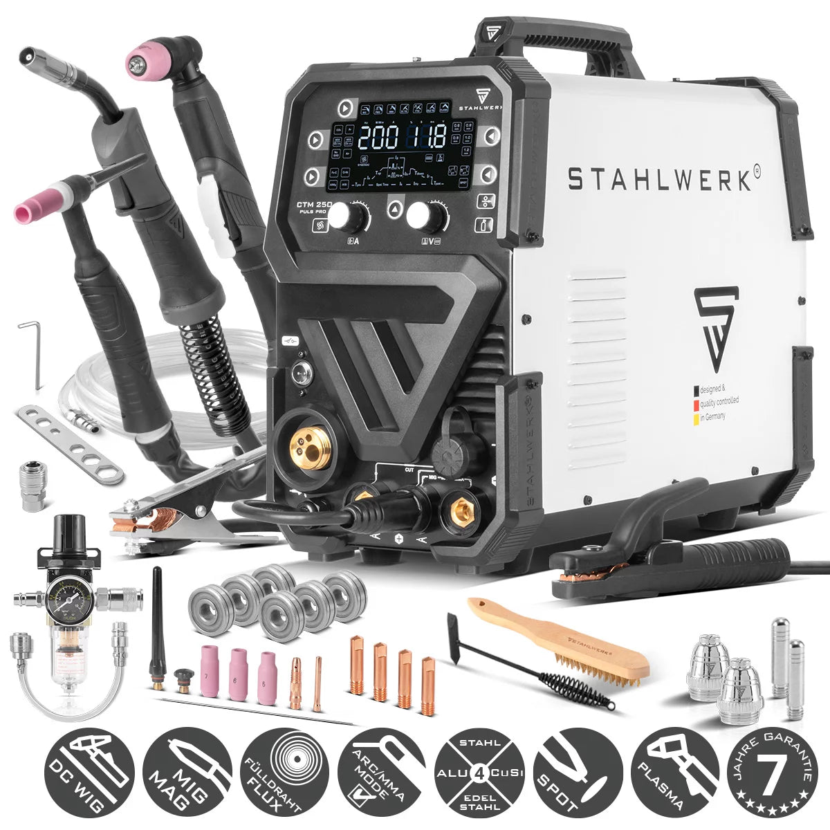STAHLWERK Kombi-Schweißgerät CTM-250 Puls Pro 6-in-1 Schutzgas-Schweißgerät 200 A | Puls-Funktion | Synergischer Drahtvorschub | Integrierter 45 A Plasmaschneider CUT| WIG | MIG MAG | PULS | MMA| FLUX