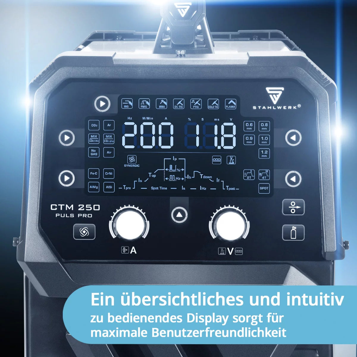 STAHLWERK Kombi-Schweißgerät CTM-250 Puls Pro 6-in-1 Schutzgas-Schweißgerät 200 A | Puls-Funktion | Synergischer Drahtvorschub | Integrierter 45 A Plasmaschneider CUT| WIG | MIG MAG | PULS | MMA| FLUX