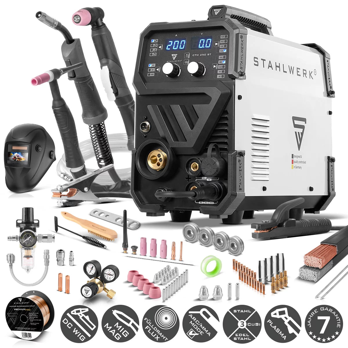 Saldatrice combinata STAHLWERK CTM-250 ST completamente equipaggiata con TIG + MIG/MAG + MMA/ARC + CUT/Plasma con funzione plasma da 200 A e 45 A