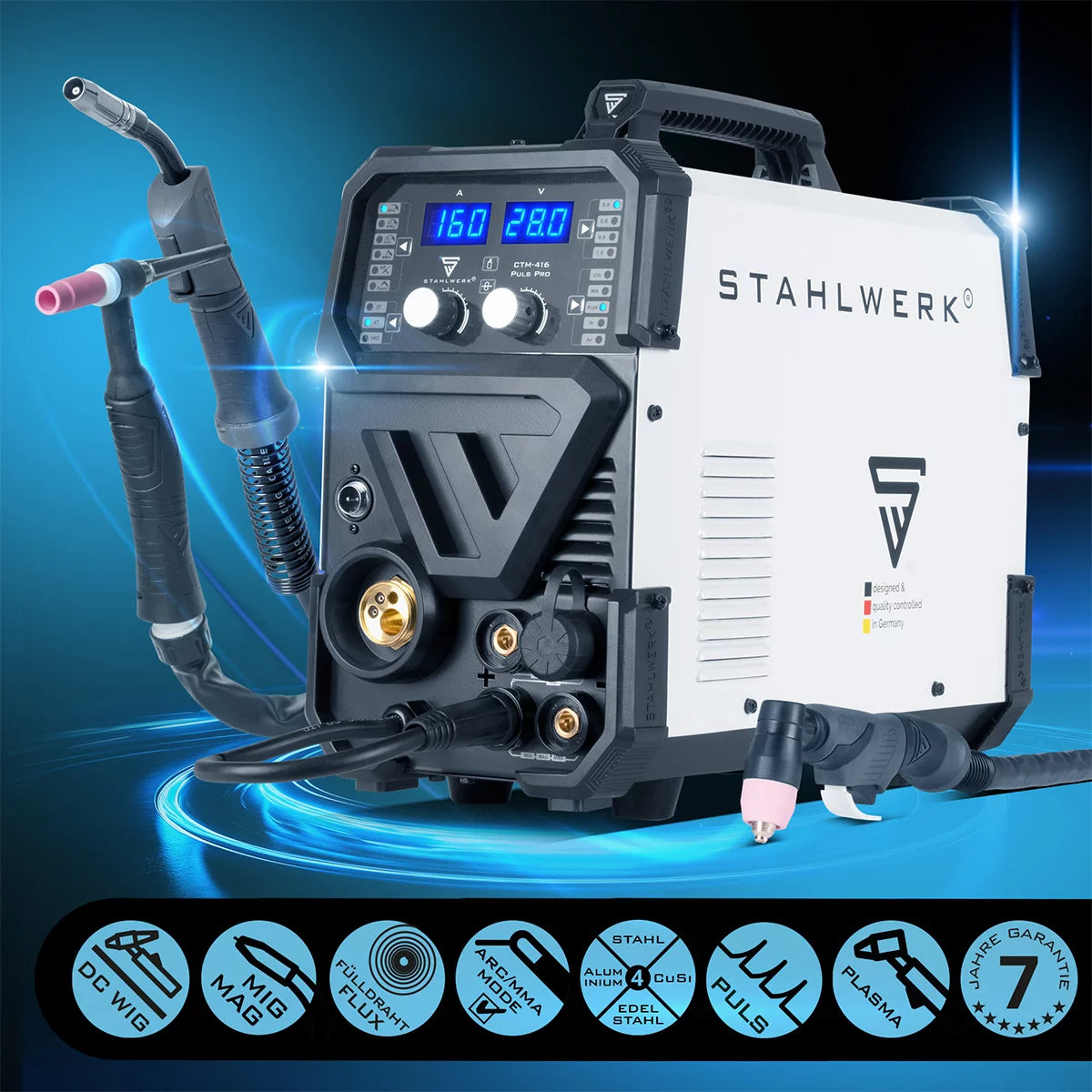 STAHLWERK welding machine CTM-416 Puls Pro fully equipped 6-in-1 inert gas welding machine | Inverter with 160 A, pulse function for aluminum and 40 A plasma cutter CUT | TIG | MIG MAG | PULSE | MMA | FLUX