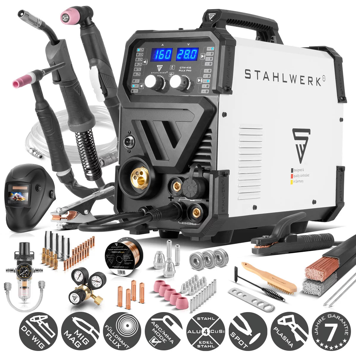 STAHLWERK welding machine CTM-416 Puls Pro fully equipped 6-in-1 inert gas welding machine | Inverter with 160 A, pulse function for aluminum and 40 A plasma cutter CUT | TIG | MIG MAG | PULSE | MMA | FLUX
