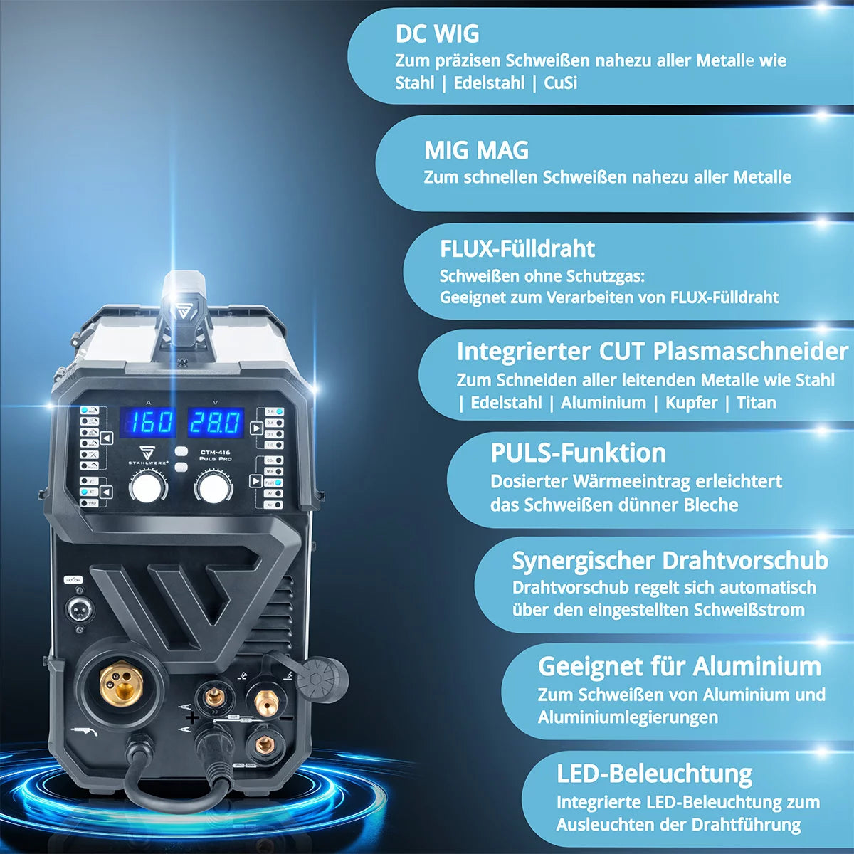 STAHLWERK welding machine CTM-416 Puls Pro 6-in-1 inert gas welding machine | Inverter with 160 A, pulse function for aluminum and 40 A plasma cutter CUT | TIG | MIG MAG | PULSE | MMA | FLUX