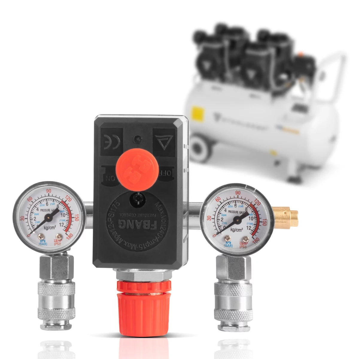 Presostato STAHLWERK DE-20 ST Regulador de presión 0-10 bar | Válvula de control | Interruptor de compresor con manómetro y dos enchufes rápidos para compresores de aire comprimido