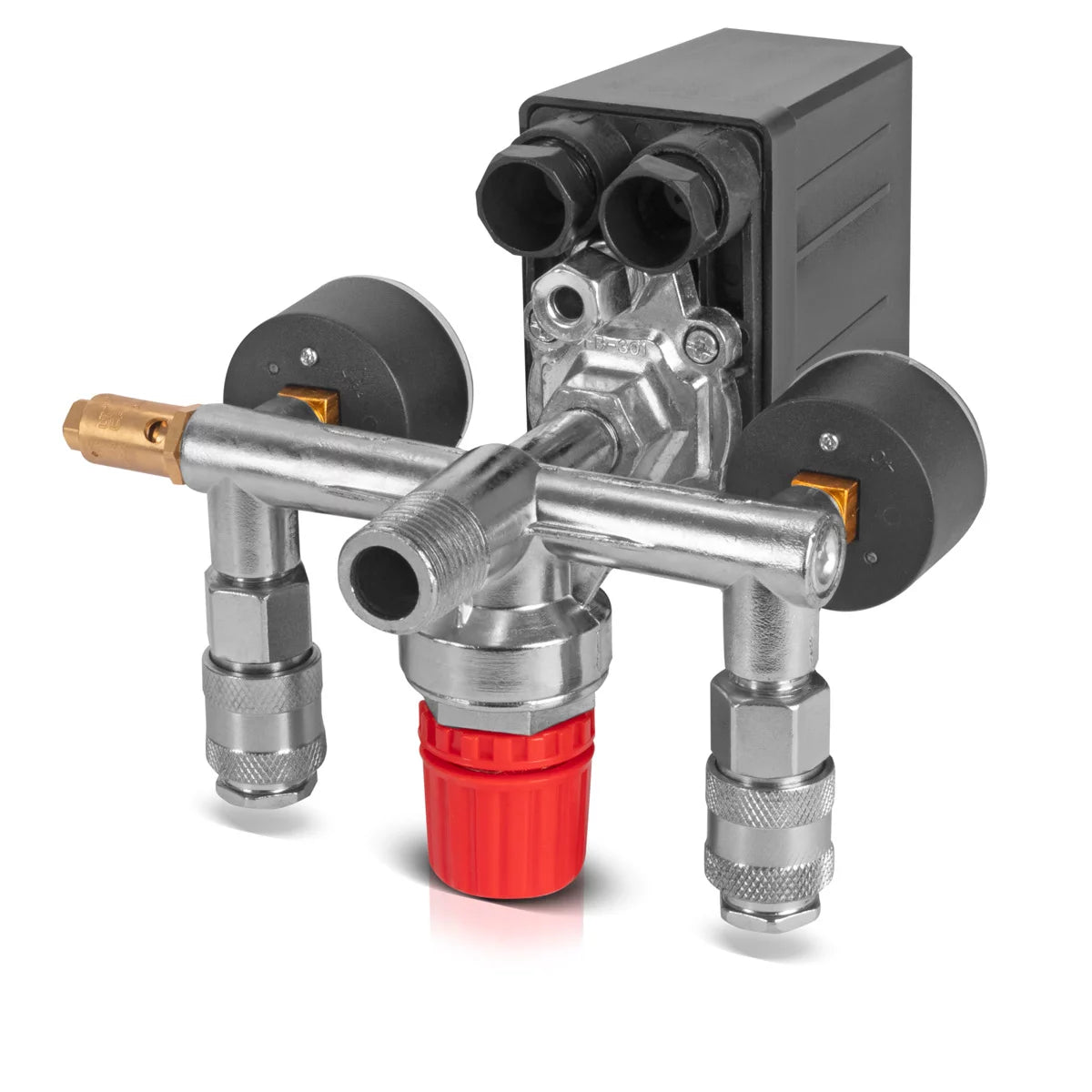 Presostato STAHLWERK DE-20 ST Regulador de presión 0-10 bar | Válvula de control | Interruptor de compresor con manómetro y dos enchufes rápidos para compresores de aire comprimido