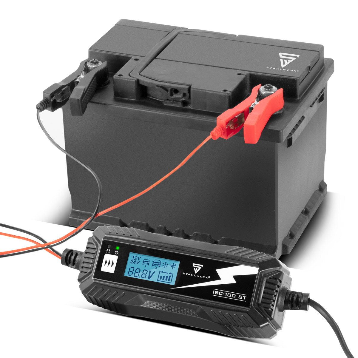 STAHLWERK Batterieladegerät IBC-100 ST mit Mikroprozessor und 10 Lademodi für 12V/24V AGM, VRLA, MF, SLA und GEL-Batterien | Intelligentes Ladegerät für Auto und Motorrad