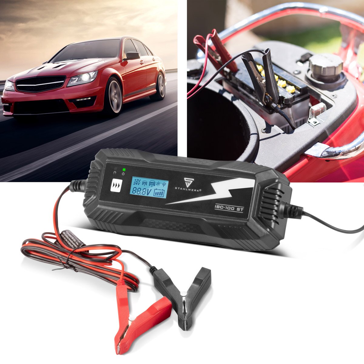 STAHLWERK Batterieladegerät IBC-100 ST mit Mikroprozessor und 10 Lademodi für 12V/24V AGM, VRLA, MF, SLA und GEL-Batterien | Intelligentes Ladegerät für Auto und Motorrad