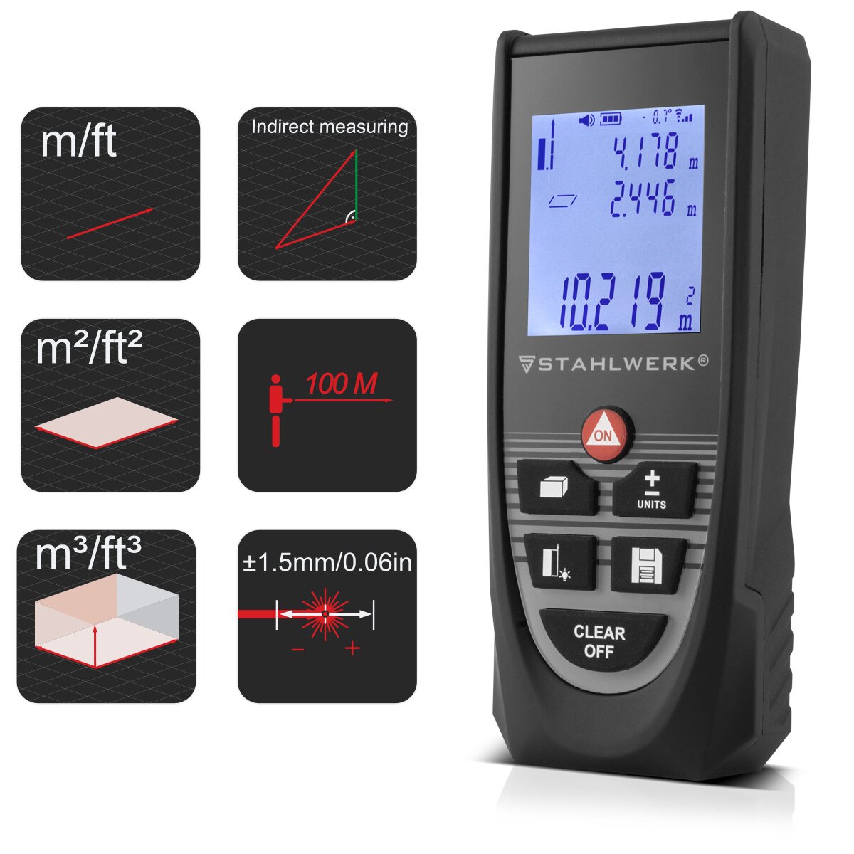Telémetro láser STAHLWERK LE-100 ST Medidor de distancias de hasta 100 m con pantalla digital LCD iluminada, medidor de distancias y telémetros para medir distancias y volúmenes con precisión en obras o en interiores