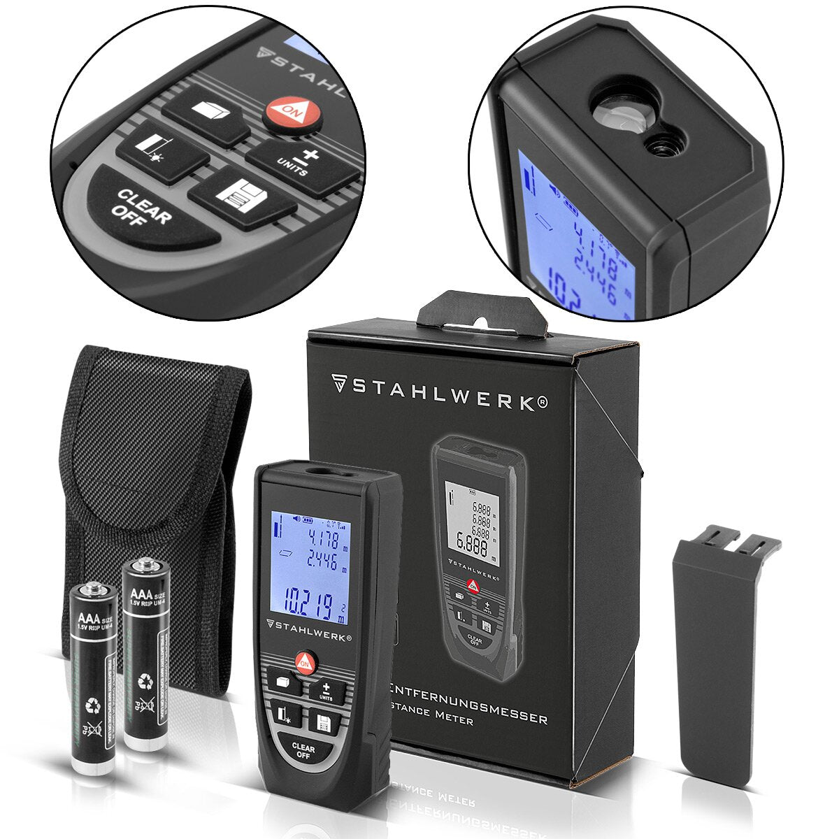 STAHLWERK Laser Entfernungsmesser LE-60 ST bis 60 m Distanzmesser mit beleuchtetem LCD Digital Display, Distanz- und Entfernungsmessgerät zum präzisen Messen von Entfernungen und Rauminhalten auf Baustellen oder in Innenräumen