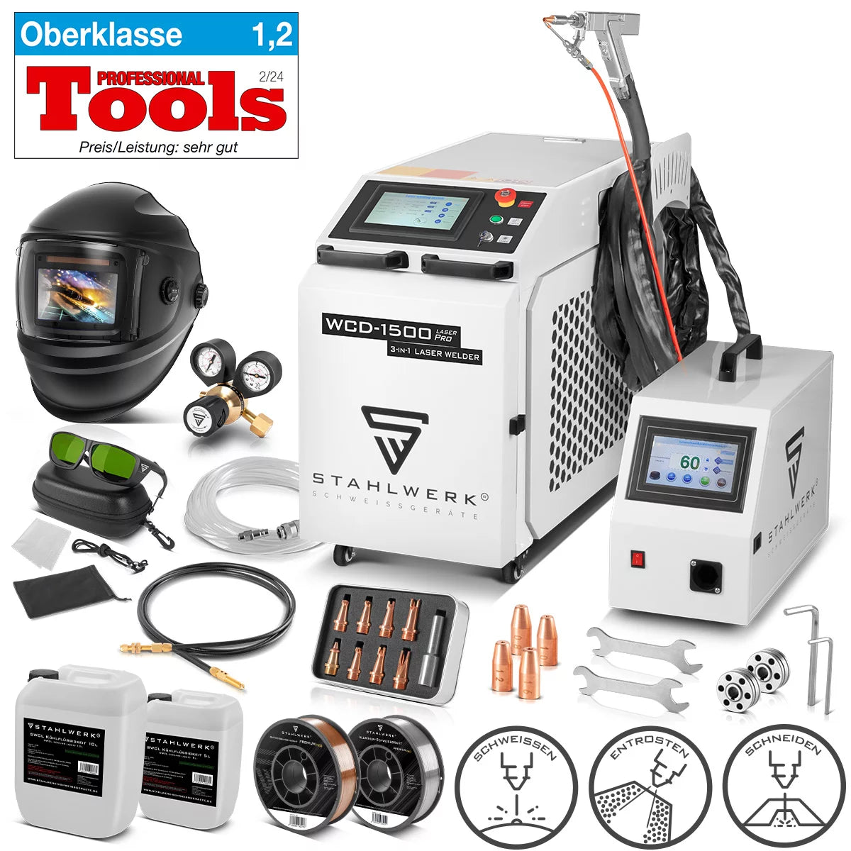 STAHLWERK Laser-Schweißgerät WCD-1500 Laser Pro | Vollausstattung | 1500 Watt |Professionelles 3-in-1 Handlaser-Schweißgerät zum präzisen Schweißen, Schneiden und Entrosten