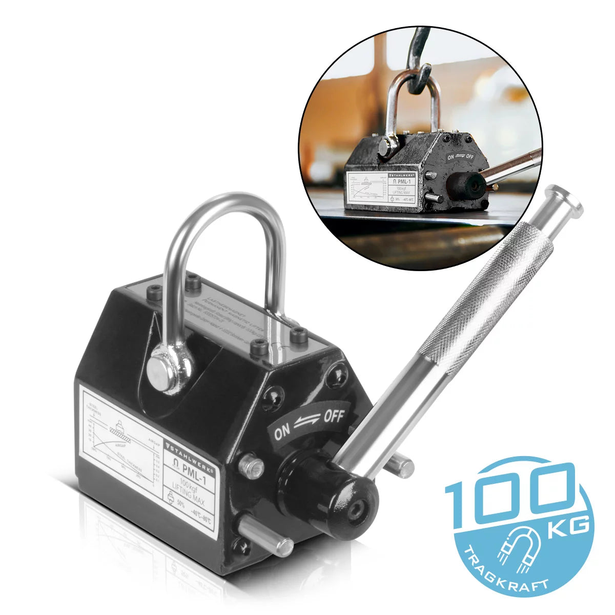 Magnete di sollevamento STAHLWERK con portata di 100 kg / 220 lbs e forza di trazione di 350 kg / 771 lbs magnete per gru comandato manualmente | Sollevatore magnetico | magnete di sollevamento