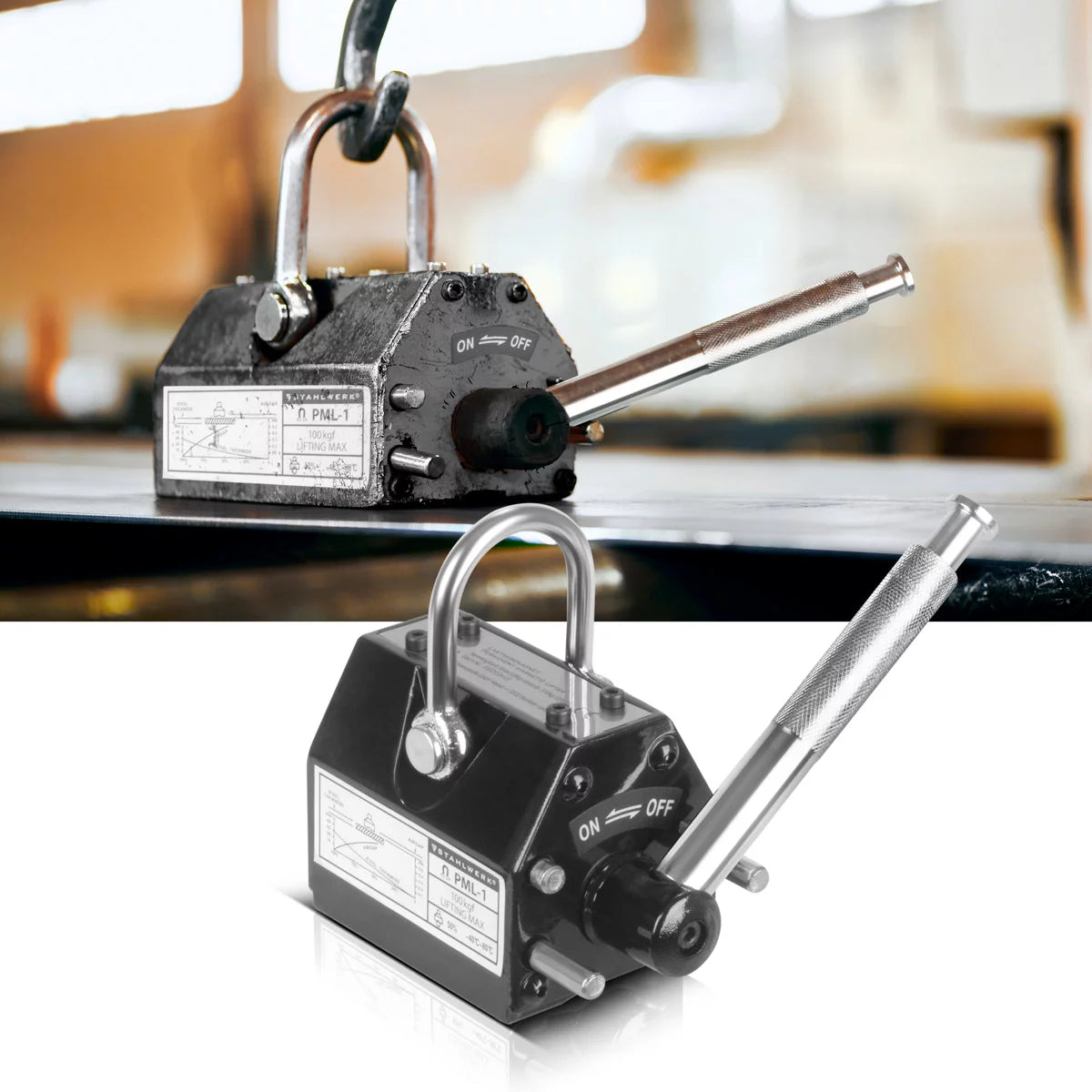 Magnete di sollevamento STAHLWERK con portata di 100 kg / 220 lbs e forza di trazione di 350 kg / 771 lbs magnete per gru comandato manualmente | Sollevatore magnetico | magnete di sollevamento