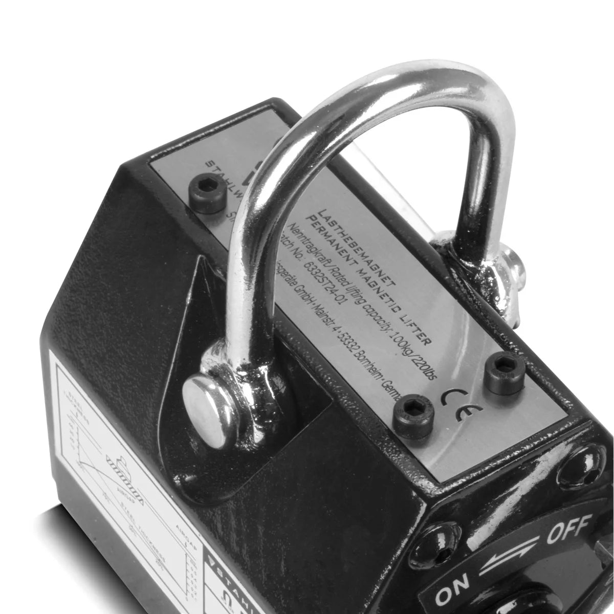 Magnete di sollevamento STAHLWERK con portata di 100 kg / 220 lbs e forza di trazione di 350 kg / 771 lbs magnete per gru comandato manualmente | Sollevatore magnetico | magnete di sollevamento