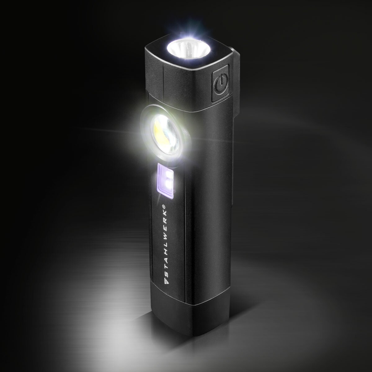 STAHLWERK LED Arbeitsleuchte AL-3 ST Leistungsstarke 5 Watt Taschenlampe / Werkstattlampe mit 4 Leucht-Modi inklusive UV-Licht, integriertem Akku, Magnet und USB-Anschluss