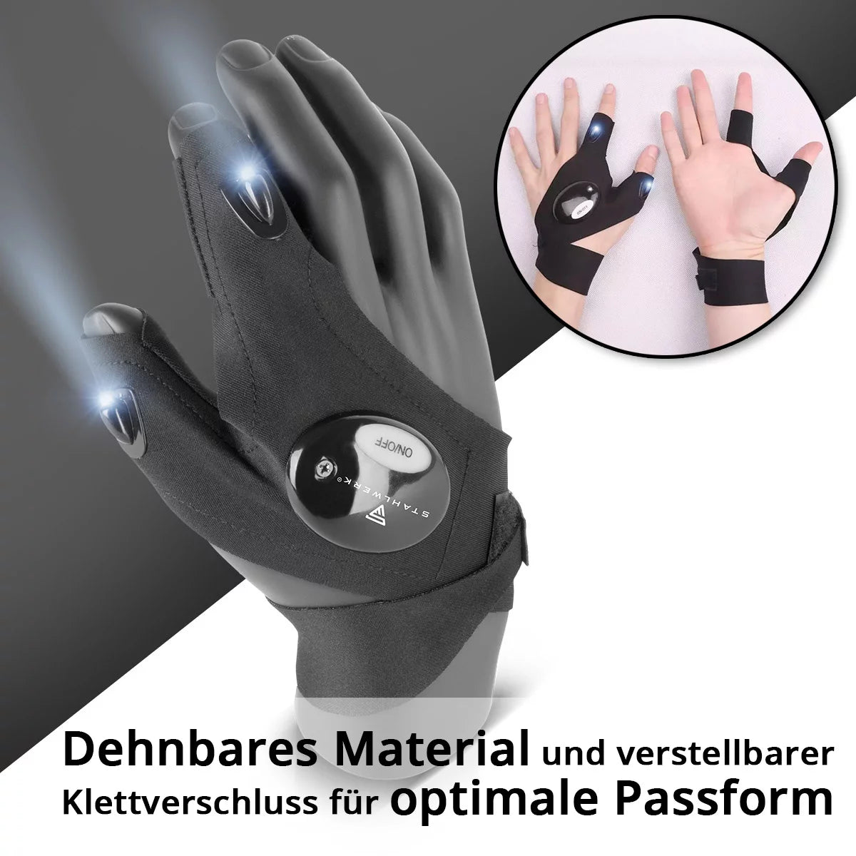 STAHLWERK LED-Handschuhe 2er Set | Helles Licht und freie Hände bei Reparaturen oder Montagearbeiten | Arbeitshandschuhe mit Licht | Universell einsetzbar | Einheitsgröße I Ideal für Mechaniker und Handwerker