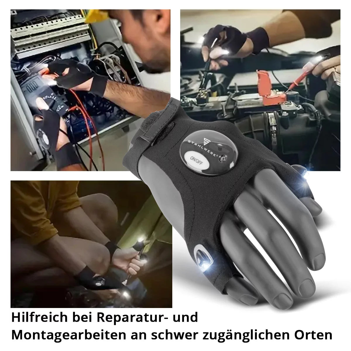STAHLWERK LED-Handschuhe 2er Set | Helles Licht und freie Hände bei Reparaturen oder Montagearbeiten | Arbeitshandschuhe mit Licht | Universell einsetzbar | Einheitsgröße I Ideal für Mechaniker und Handwerker
